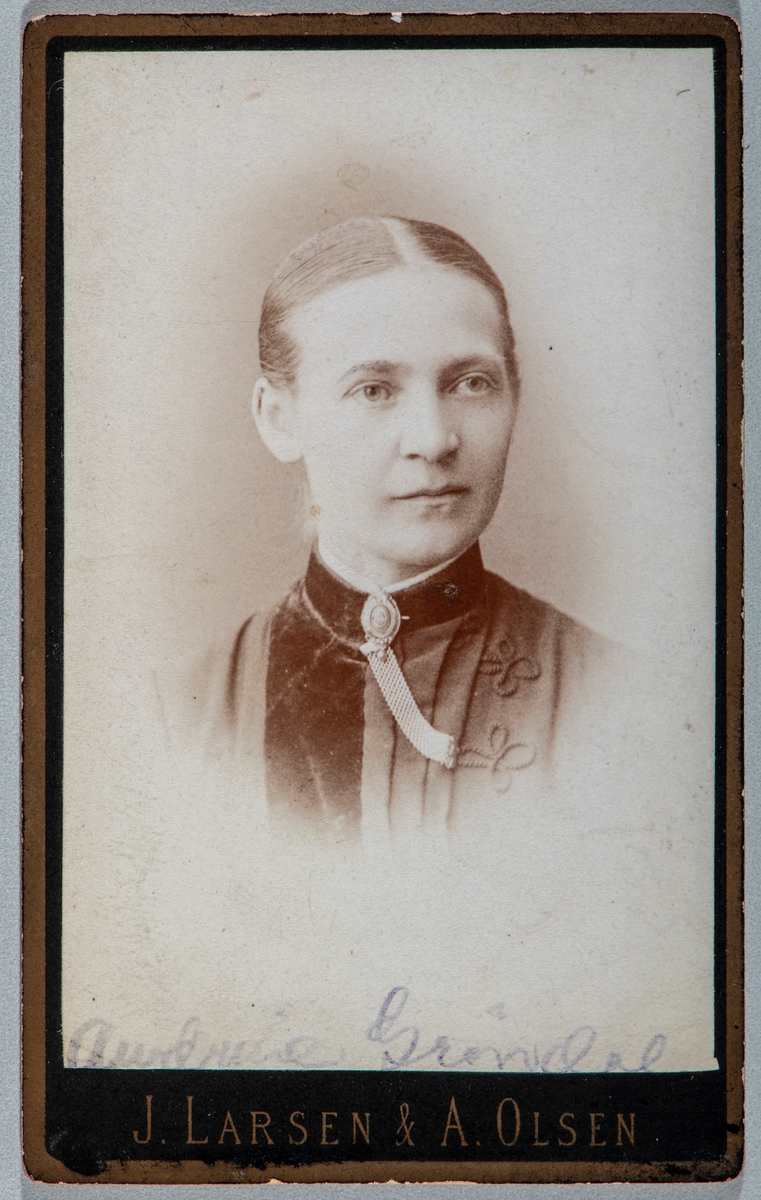 Portrett Andrine Grøndal. Carte visit og Kabinett bilder fra to fotoalbumer fra Holte Gård i Stange.