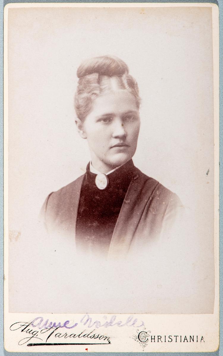 Portrett dame. Navn er skrevet på bildet, men ikke tydet. Carte visit og Kabinett bilder fra to fotoalbumer fra Holte Gård i Stange.