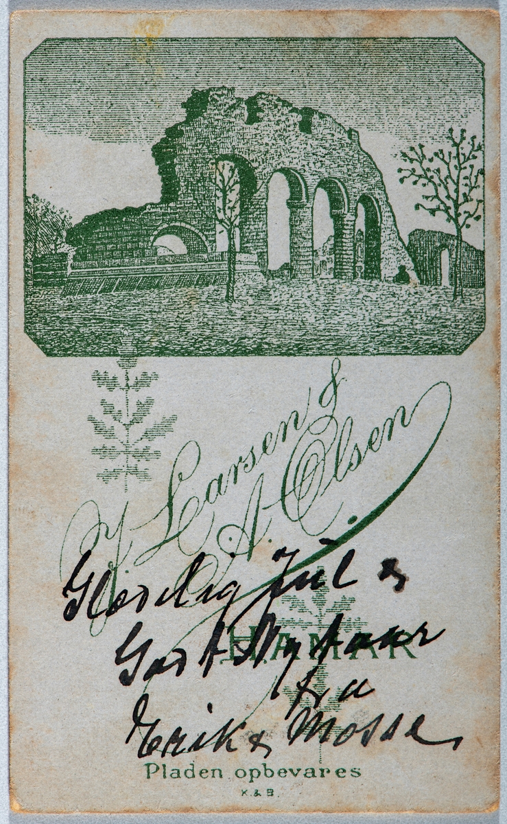 Gruppe 2 ukjente barn i vinterklær. Påskrift på baksiden: "Glædelig jul og Godt ny Aar fra Erik og Mosse" 
Carte visit og Kabinett bilder fra to fotoalbumer fra Holte Gård i Stange.