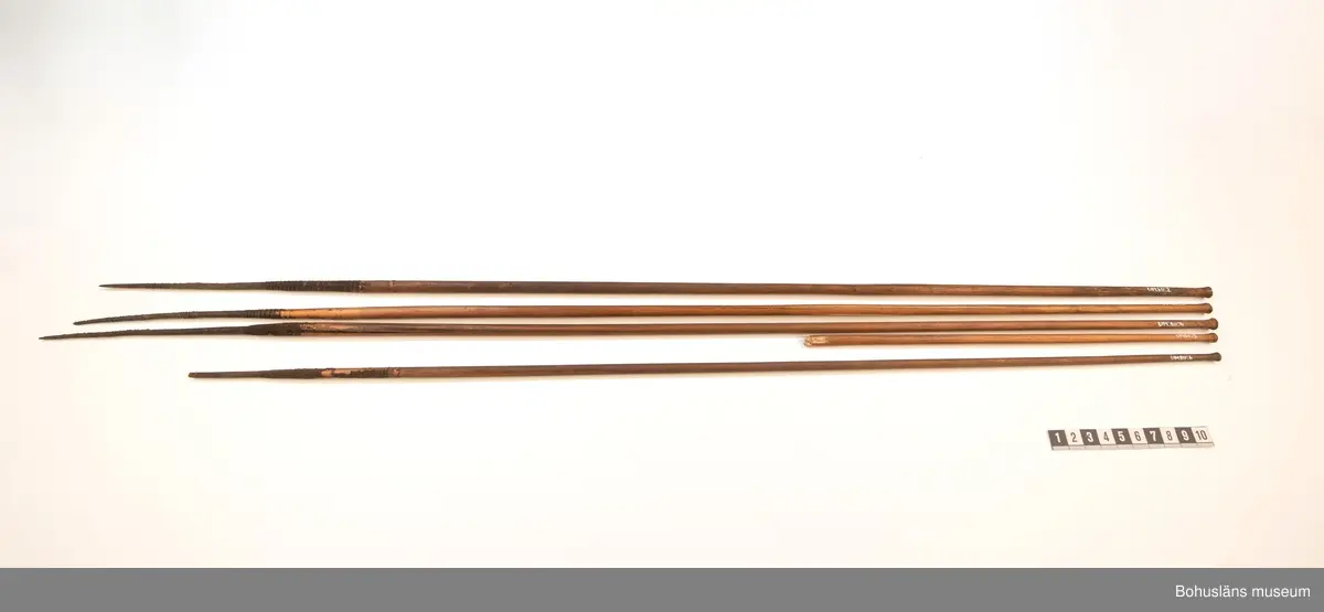 Ur handskrivna katalogen 1957-1958:
Pilkoger, Kongo, Afrika
Kogsets L. 42 cm, av skinn, m. fastknuten stödpinne; inneh. 30 st, varav flera är brutna och trasiga förgiftade rörpilar m. hårda spetsar av trä, L.c:a 75 cm. 
Kogset inneh. en pil, längre (c:a 10 cm mer) än de övriga; överföres t. grp UM860.
Pilarna nr, 811 är ej var för sig märkta!

Lappkatalog: 9

Ur Knut Adrian Anderssons Katalog II 1916:
No 11a, Pilkoger av läder (42x6x5 cm) innehåller 20 förgiftade rörpilar (60 cm). Från Lamami (Lomami?) i Kongo. Skänkta 2/11 1985 av löjtnant A. Hoppenrath.
