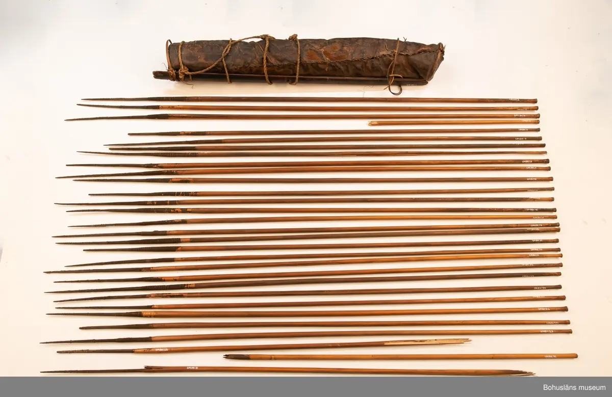 811:5 avbruten.

Ur handskrivna katalogen 1957-1958:
Pilkoger, Kongo, Afrika
Kogsets L. 42 cm, av skinn, m. fastknuten stödpinne; inneh. 30 st, varav flera är brutna och trasiga förgiftade rörpilar m. hårda spetsar av trä, L.c:a 75 cm. 
Kogset inneh. en pil, längre (c:a 10 cm mer) än de övriga; överföres t. grp UM860.
Pilarna nr, 811 är ej var för sig märkta!

Lappkatalog: 9

Ur Knut Adrian Anderssons Katalog II 1916:
No 11a, Pilkoger av läder (42x6x5 cm) innehåller 20 förgiftade rörpilar (60 cm). Från Lamami (Lomami?) i Kongo. Skänkta 2/11 1985 av löjtnant A. Hoppenrath.