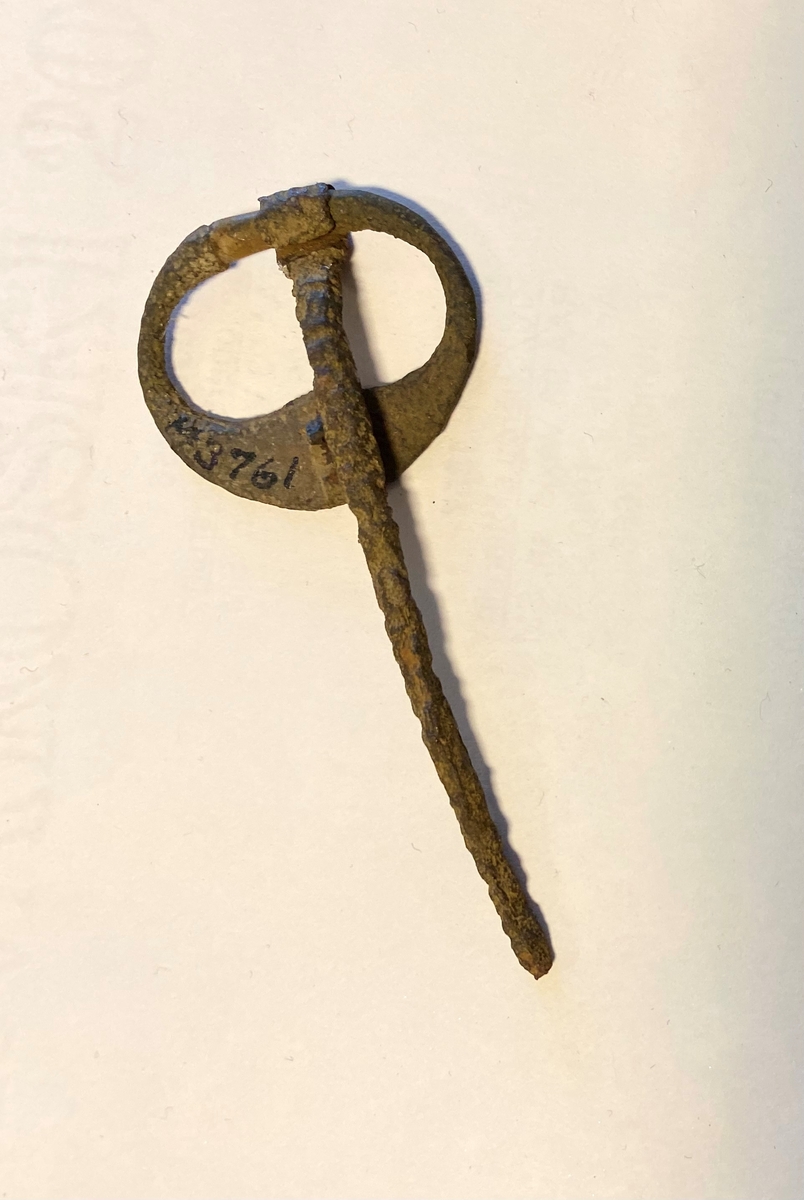 Dräktspänne i form av en ringnål med ännu rörlig torne. Trind nål som är tillplattad i änden och böjd kring den smalare delen av en oval ring. Nålens övre del kan ha varit dekorerad med ett flätat mönster. Nedre delen av ringen är bredare och dekrorerad nio nu otydliga ringar med mittpunkt. Rostpåverkad.
