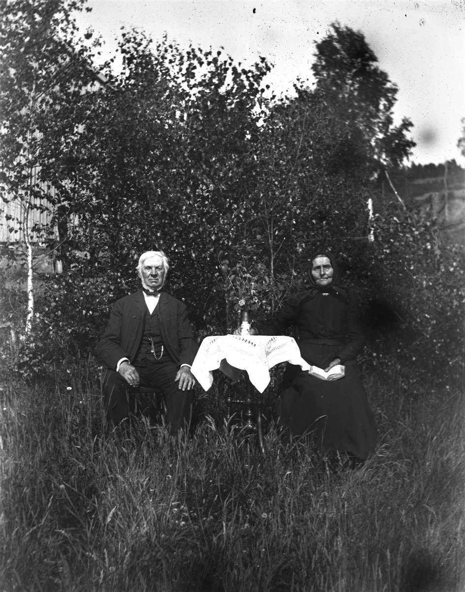 Ett äldre par sitter i trädgården vid ett bord med duk. Bakom björkbuskaget ses ett hus. Mannen har skepparkrans, bär fluga till kostym med klockkedja i västen. Hon bär huckle och mörk dräkt med brosch i halsen, håller en bok i knät och med andra handen håller hon om vasen på bordet.