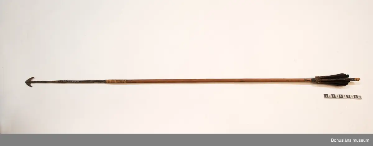 Kontinent: Afrika.

Ur lappkatalogen:
Pil, l. 94 cm. Spets av järn med två stora hullingar o. en mängd smärre. Skaftholk på sticka, instucken i skaftet o. surrad. Stickan försedd med skurna ornament o. två människoansikten i relief. 10 styrfjädrar, något vridna. Mangbetu el. Azande.

Uppgifter om E. Göransson i Knut Adrian Anderssons katalog samt historik om samlingen: Se UM61.3.1