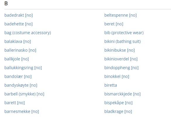 Skjermdump fra KulturNav, som viser utsnitt av nomenklatur for drakt