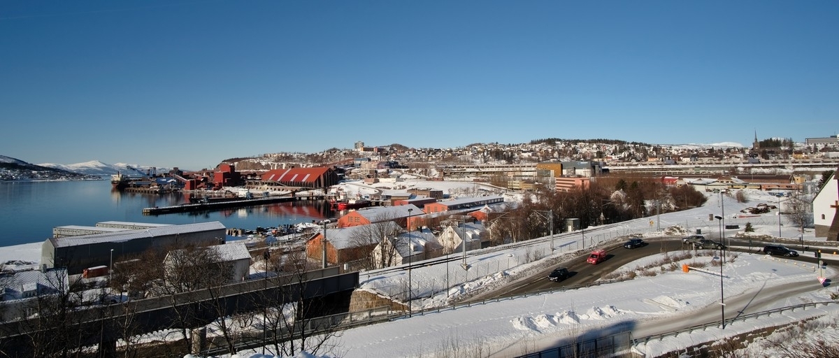 Narvik havn og LKABs anlegg. Utsikt fra Museum Nord. 15. mars 2018.