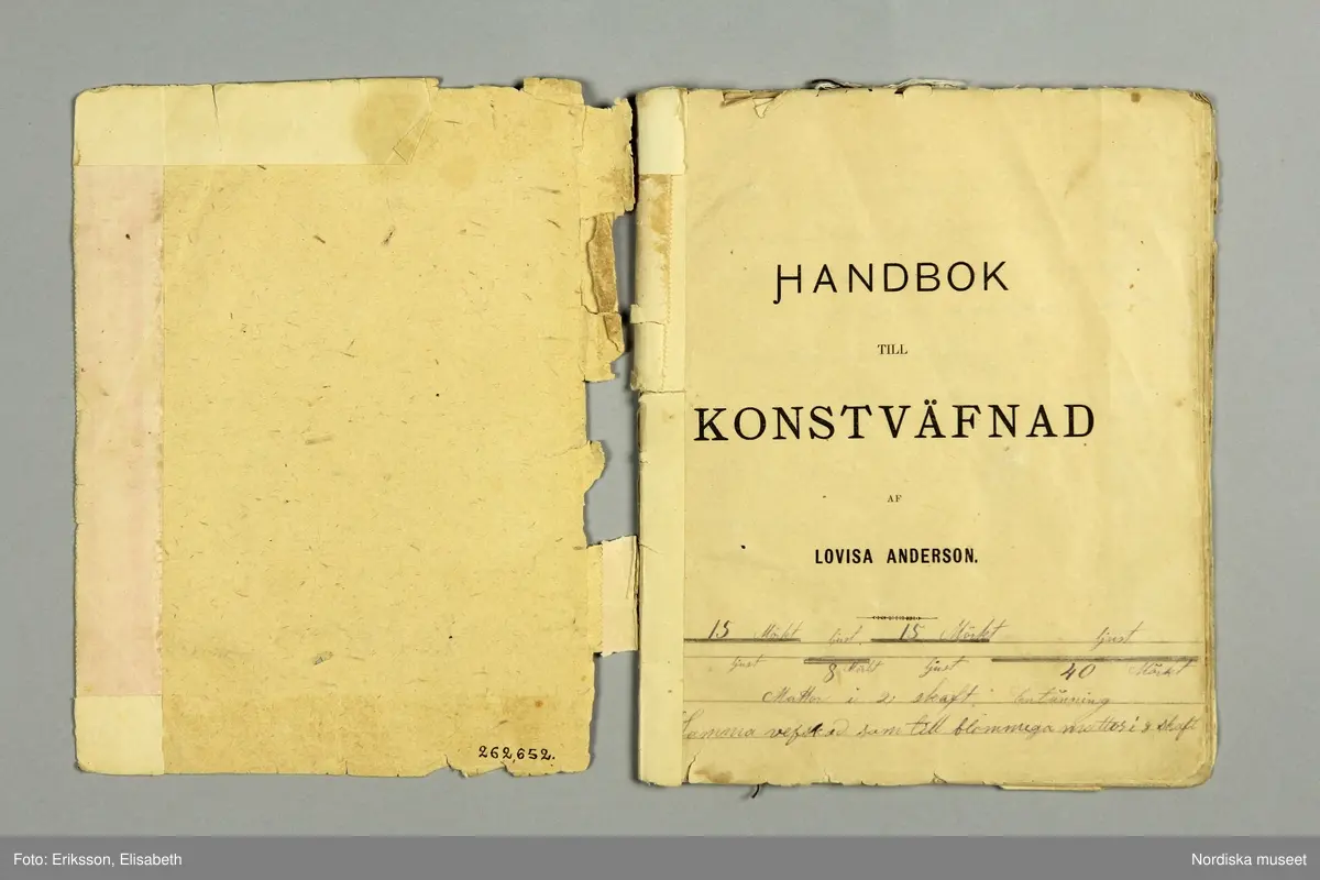 Tryckt häfte med ljust gulbeige framsida. På försättsbladet tryckt text: Handbok till konstväfnad af Lovisa Andersson. På insidan skrivet med bläck:" PATENT,  Den 15 juli 1882 tillades mig patent under 6 års tid å en af mig uppfunnen Lattstol hvarigenom andra inom riket uteslutas att min uppfinning utöfva./Lovisa Andersson Smestorp. Därunder tillskrivet: "Hasselstad den 13 Oktober 1887 Albertina Dahlgren." Häftet innehåller förtryckta rader och rutor för solvnotor och trampuppknytningar samt  även rubrik över varje system t.ex Klädningstyg, Levantin, Manskläden,Piké i 8 skaft, Valknutar, Diagonal, Rutig dräll, Filtvävfnad, Mattväfnad, Gardinväfnad, Dubbelväfnad, Möbeltyg. Med sammanlagt 28 st tygprover fastsatta över resp. solvnota  med en knappnål. De flesta i bomull, några i halvylle och 2 st ylletyger. på ett löst blad finns ett svart ylleprov till Granitväfnad med brev och hälsning från Gustafva.
Har troligen tillkommit på en vävkurs 1887 för vävläraren Lovisa Andersson där Albertina Dahlgren var elev.
Anm Omslaget är löst och mycket skadat.
/Berit Eldvik 2011-02-28