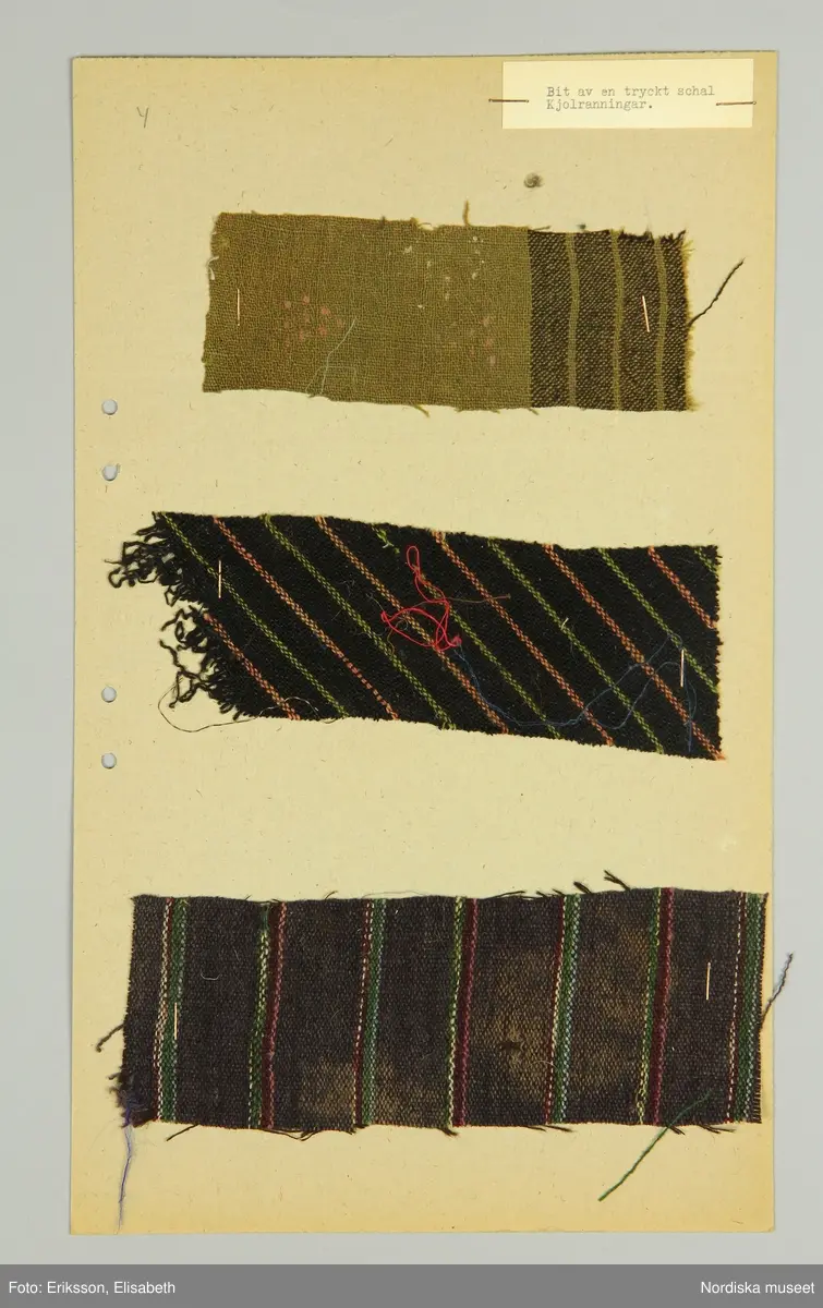 20 st kartongblad i folioformat med totalt  52 tygprover hopsamlade i Stjärnströmsgården i Haxäng,  Lockne sn.  De äldsta är 1700-talstyger och  de yngsta är anilinfärgade tyger från sent 1800-tal använda i bondfamilj.  2-3 prover på varje blad med uppgifter i övre högra hörnet. De flesta tygerna hemvävda i ylle eller halvylle, enfärgade och rutiga, enstaka randiga. Av de sena finns rutiga bomullstyger. Samt prov på flamfärgat bomullsgarn i brunt och vitt använt till varp.
3 prover på oljefärgstryck på tunn bomull och på mörkblått ylle, Längst bak stort prov på s.k. tryckt flanell av 1700-talstyp i grönt ylle med svart blommönster som varit foder i en vargskinnspäls som tillhört Erik Bengtsson i Kläppe, Kyrkås sn. Ett prov på tryckt schal efterliknade de s.k. "äkta schalarna" sannolikt från omkr. 1840-50. Från samma tid 2 småmönstrade tryckta bomullstyger, det ena ett blåtryck. 6 prover på grova filtade ylletyger i rött och svart till fälltäcken. 10 prover på mönstrade strumpeband i rips.
Insamlade av fru Anna Magnusson i Kyrkås.
/Berit Eldvik 2011-03-17