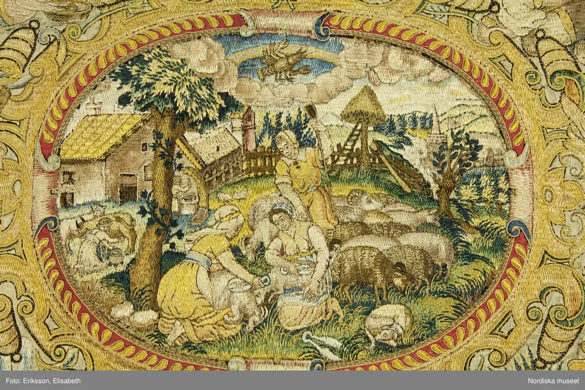 Broderi. schattérsöm med silke i färger på gråvitt siden.
