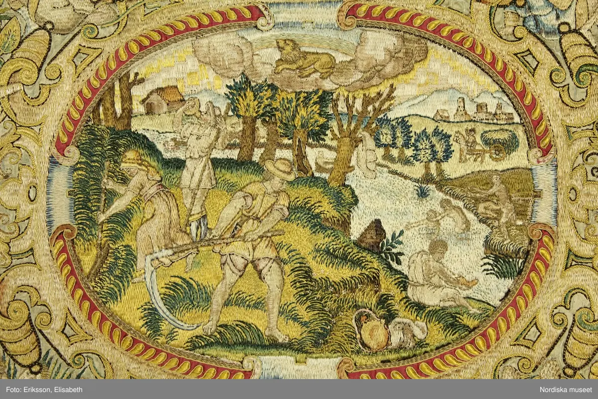 Broderi. schattérsöm med silke i färger på gråvitt siden.