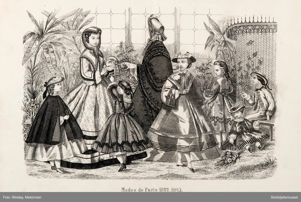 Illustrasjoner av dameklær fra 1862 og 1863,