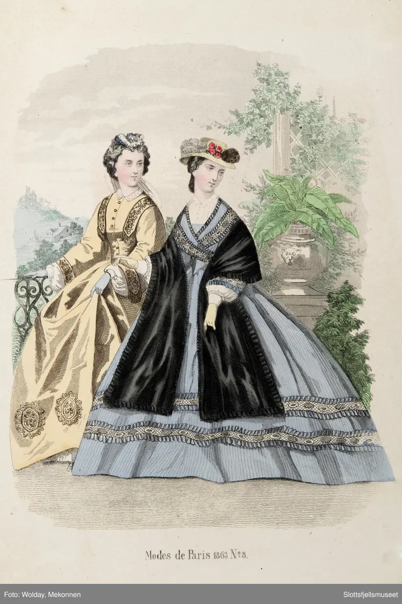 Illustrasjoner av dameklær fra 1862 og 1863,