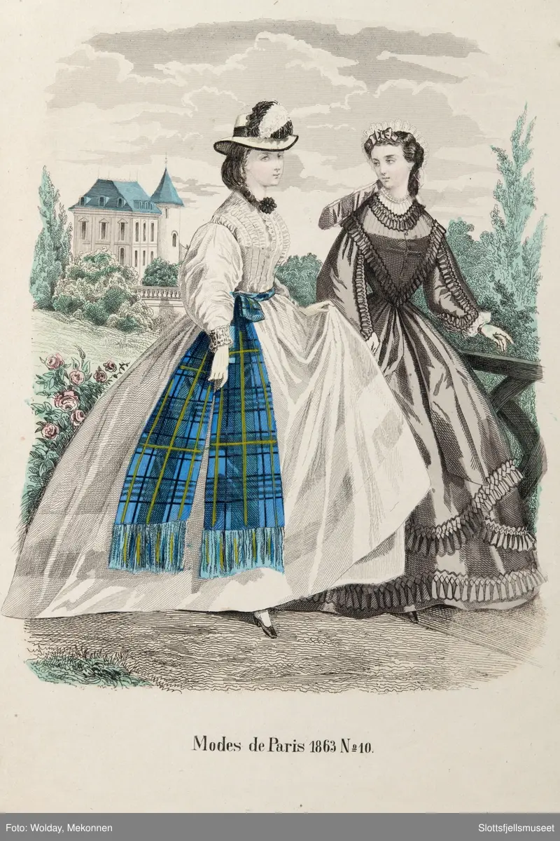 Illustrasjoner av dameklær fra 1862 og 1863,