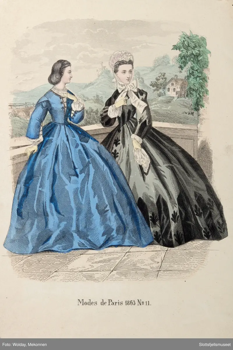 Illustrasjoner av dameklær fra 1862 og 1863,