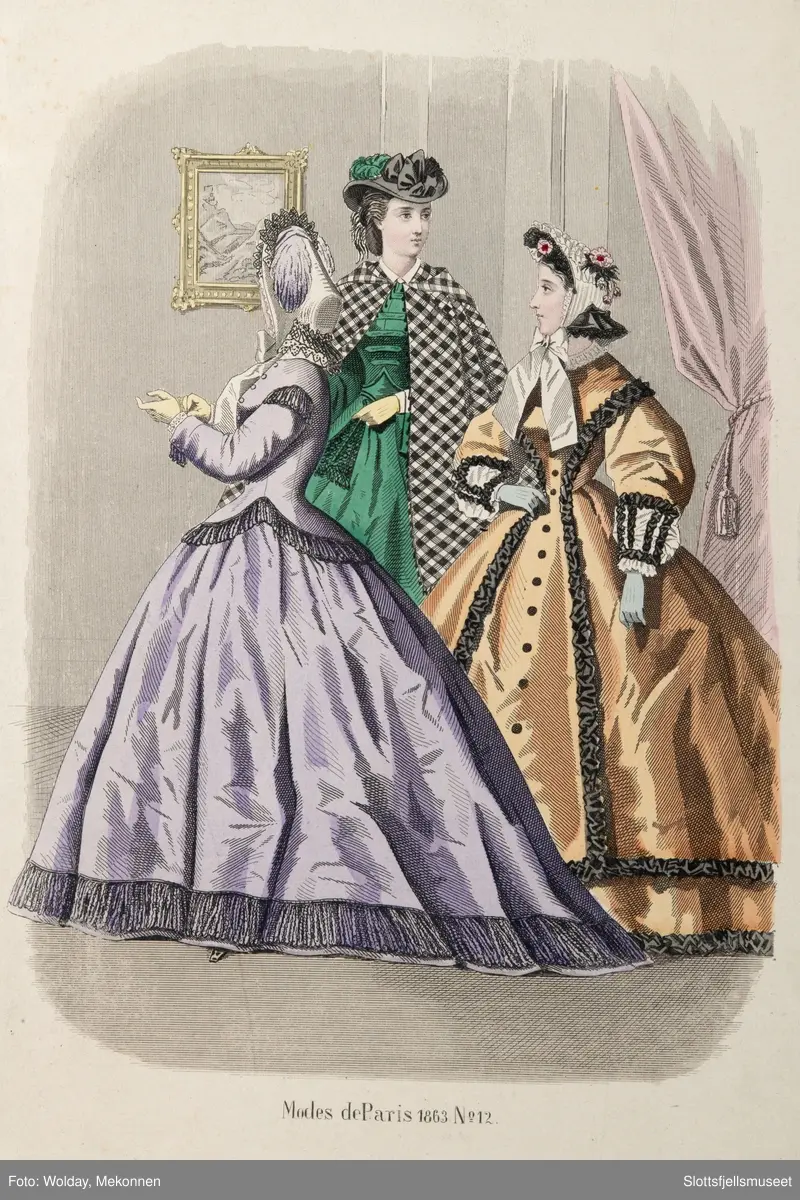 Illustrasjoner av dameklær fra 1862 og 1863,