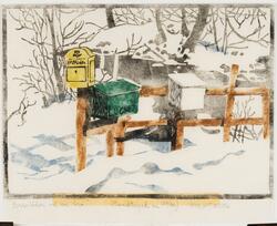 Brevlådor vid en bro [Träsnitt]