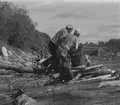 Flottning. Nedströms Ulriksfors. Ulf Nilsson, Harry Eneröd och Hugo Carlsson har snart lossat färdigt bröten