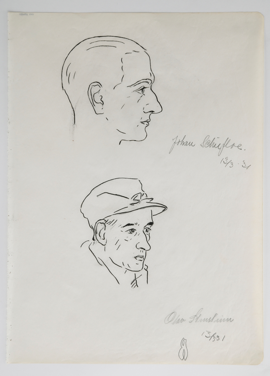 9 ark med portretter av skiløpere. På et av arkene er det to portretter (Johan Schifloe og Olav Stensheim). 8 av arkene har lik størrelse, mens et er noe mindre. Portrettene er tegnet med blyant og streket/trukket opp med tusj.