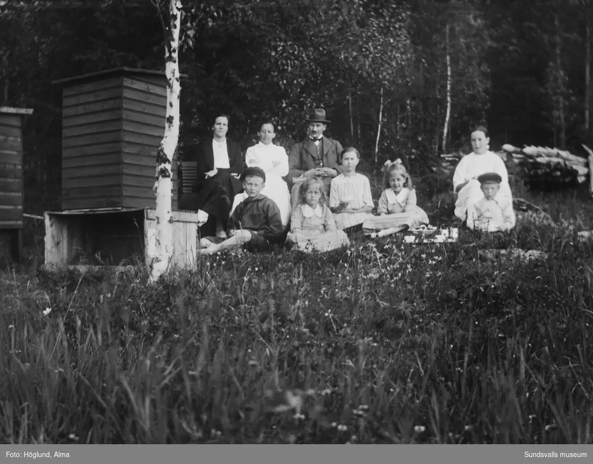 Gruppbild i en skogsbacke med bikupor till vänster. Bakre raden från vänster: Alma Höglund, Sanna Eriksson, Emil Eriksson och Märta Björk. Framför sitter en oidentiferad pojke, Ingrid, Hilma, Irma och Per Höglund.