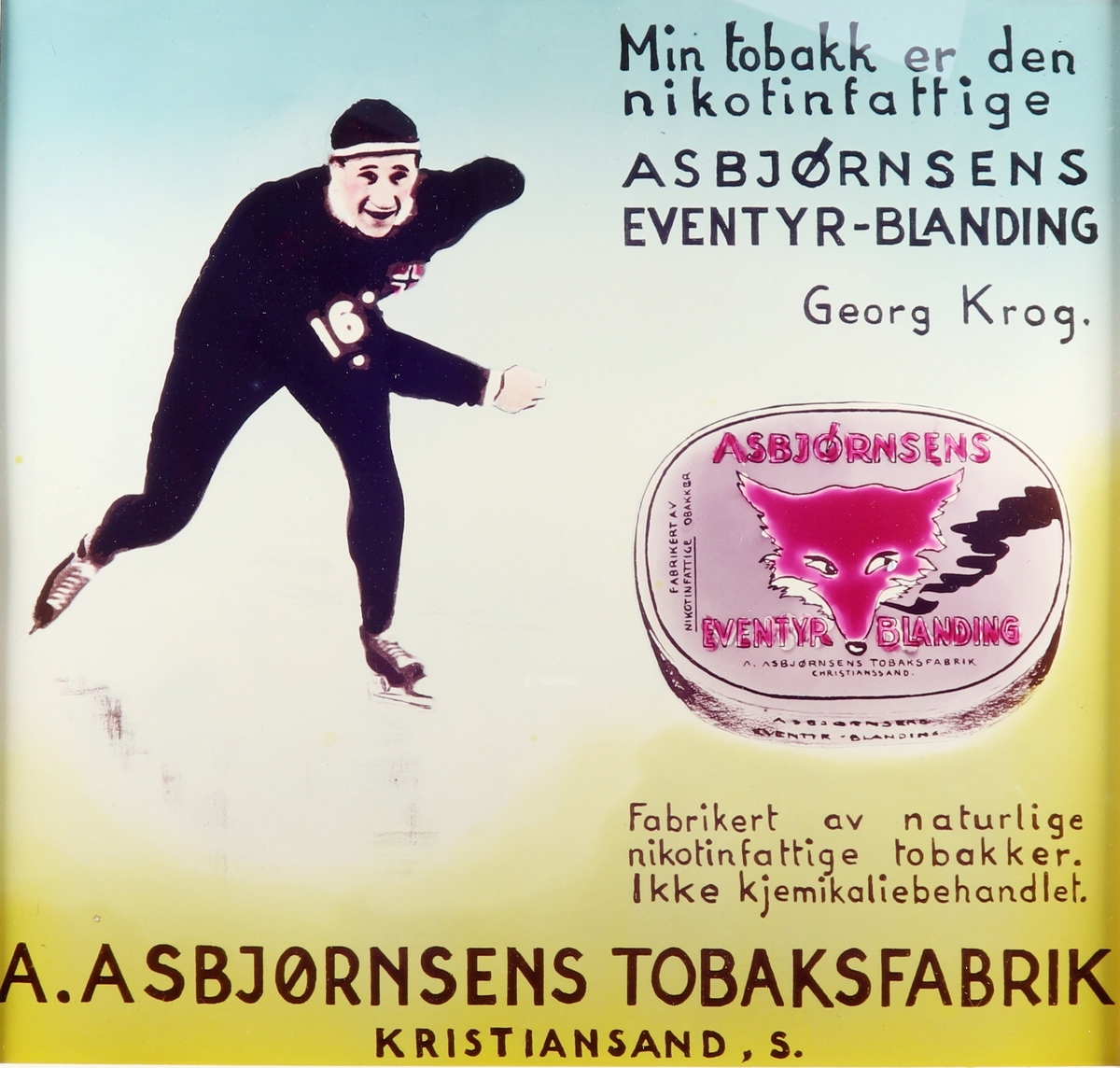 Skøyteløper ved siden av en boks eventyrblanding. Over står teksten "Min tobakk er den nikotinfattige Asbjørnsens Eventyrblanding Georg Krog" Under står teksten "Fabrikert av naturlige nikotinfattige tobakker. Ikke kjemikaliebehandlet."