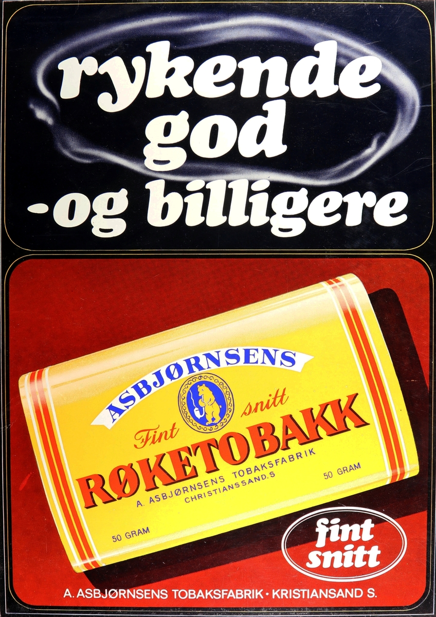 Pakke med Asbjørnsens røketobakk, fint snitt. over står teksten "Rykende god -og billigere"