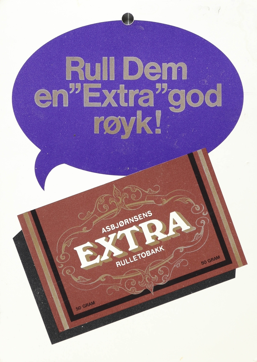 En pakke Extra rulletobakk med en taleboble over der det står "Rull dem en "Extra" god røyk!"