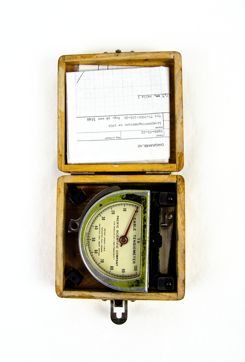 Linspänningsmätare T5-2002-103-00. Tillverkad av Pacific Scientific Company. Förvarad i en kvadratisk trälåda med ett tillhörande diagram- och instruktionsblad.