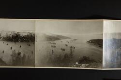 Panorama över Narvik, hamnen med malmångare, bebyggelse och 