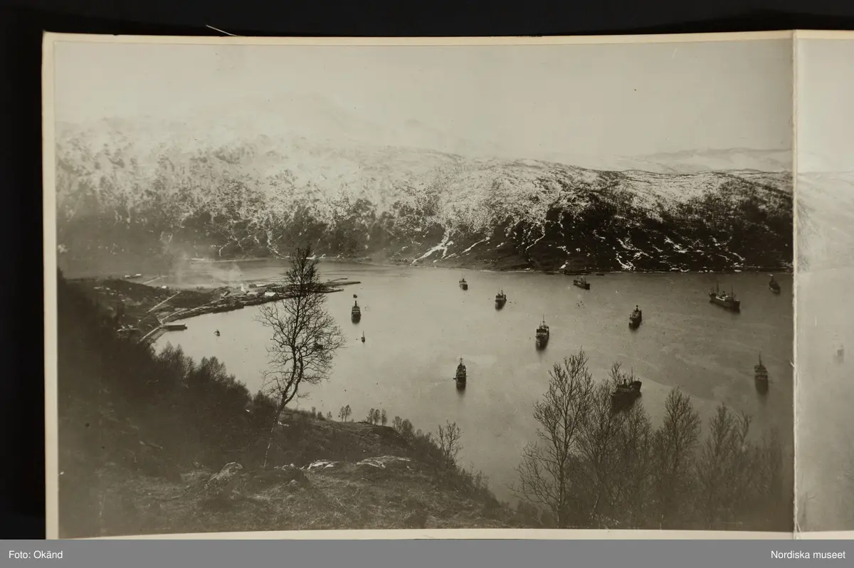 Panorama över Narvik, hamnen med malmångare, bebyggelse och i bakgrunden fjällen.