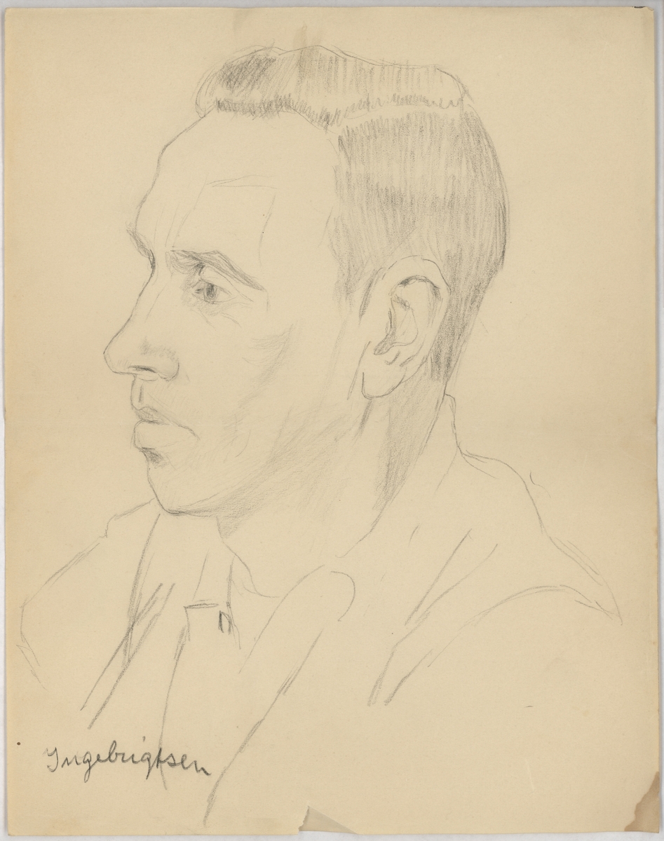 Portrettegning av Sivert Ingebrigtsen (senere Eli)  (f. 1892), fange i Vollan kretsfengsel i Trondheim 09.10.1941–11.12.1941.