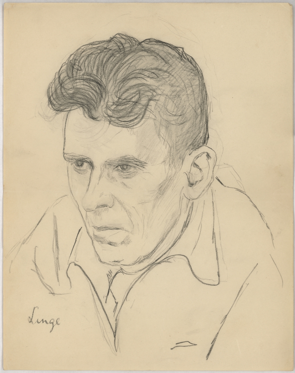 Portrettegning av "Linge", enten Johan Linge (f. 1898) eller broren Thoralf Linge (f. 1884). Begge var fanger i Vollan kretsfengsel i Trondheim fra 09.10.1941, overført til Falstad henholdsvis 11.12.1941 og 12.12.1941.