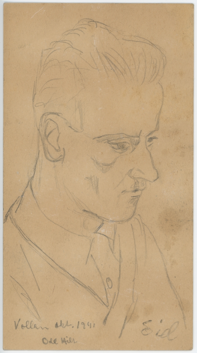 Portrettegning av Noralf Eid (f. 1904), fange i Vollan kretsfengsel i Trondheim 22.10.1941–04.11.1941.