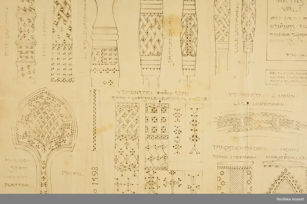 Mönsterteckningar av föremål tillverkade i horn. "De flesta modeller äro från Nordiska museets samlingar." Signerad: F.H. 1910. L.A. 712