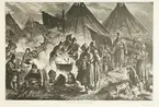 Grafiskt tryck, efter en teckning av Emma Ekvall. Människor i ett läger, samlade kring en kittel som värms på en eld. Möjligen publicerad i tidningen Hemvännen 1876.