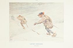 Färgtryck efter målning av John Bauer med samer på skidor i 
