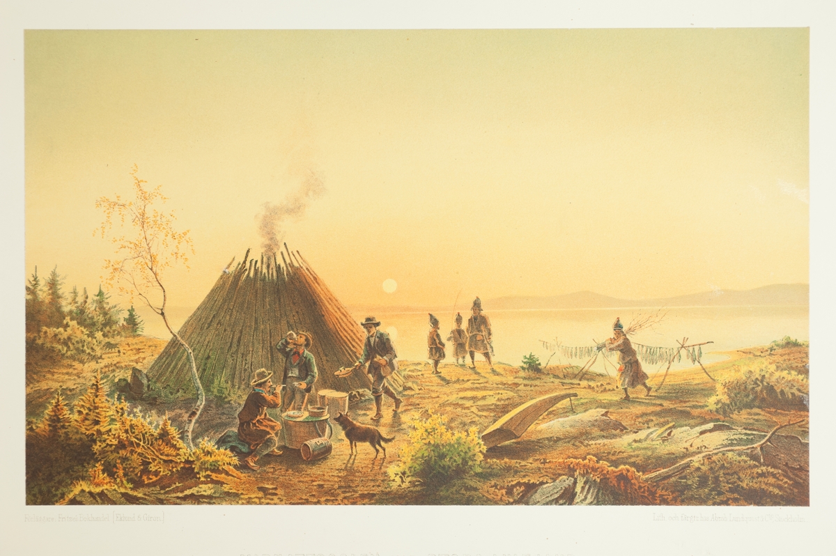 Färgtryck. Motivet "Midnattssolen vid Stora Lulejaur" är hämtat ur planschverket Lappland, dess natur och folk av Carl Anton Pettersson 1866. Här intas en måltid hos fiskaren Abmut Merak.