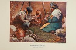 Färgtryck efter målning av John Bauer. Familj i sin kåta, kv