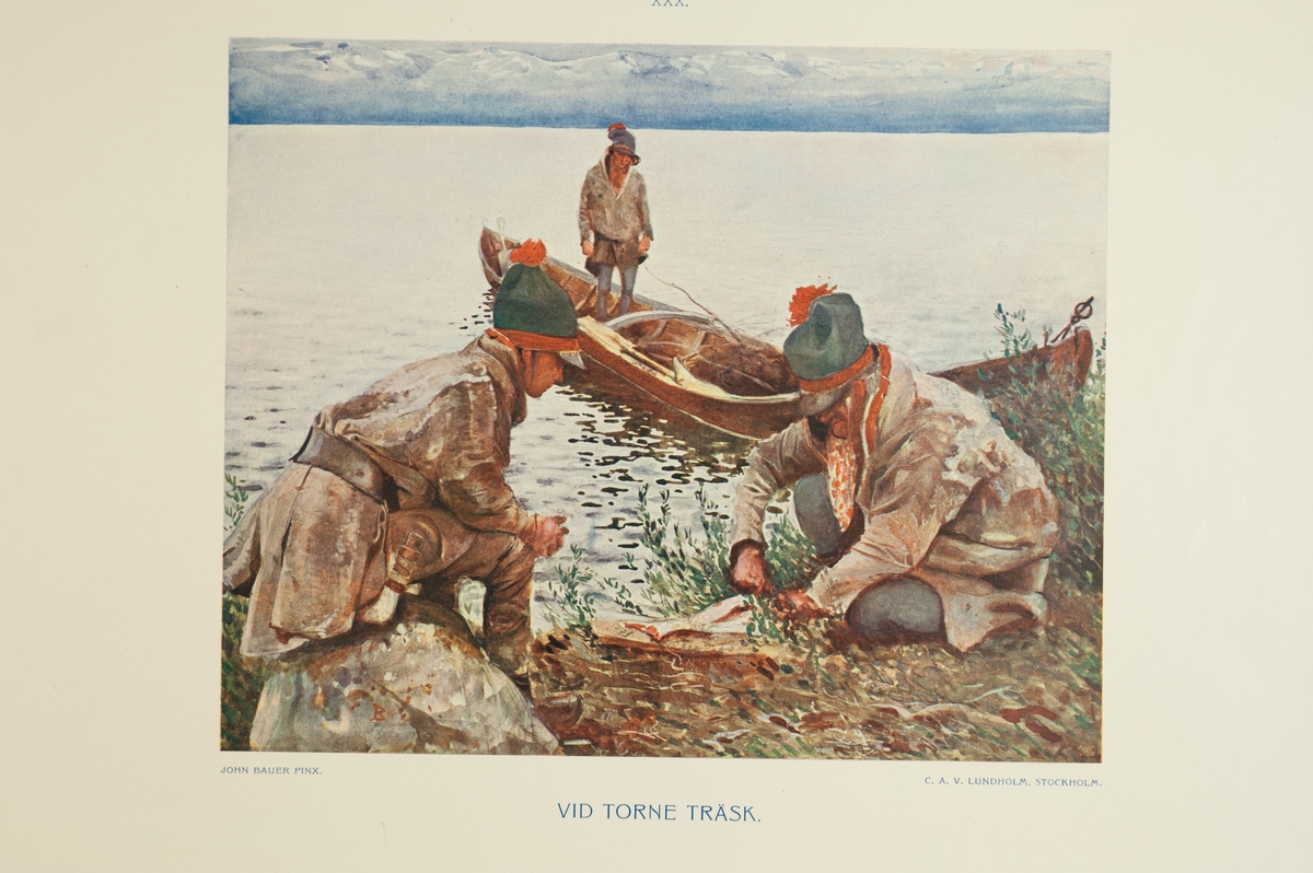 Färgtryck efter målning av John Bauer. "Vid Torne träsk." Män rensar sin fiskfångst vid standkanten. Motivet är publicerat i "Lappland : Det Stora Svenska Framtidslandet - En skildring i ord och bild af dess natur och folk", 1904,