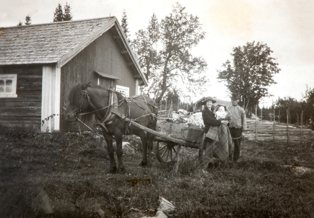 Bilde fra Ålsætre i Løten. Hest og kjerre.  Inga Pauline Goversten, f: 1890, og var lærer i Vallset og Romedal, gift med Karl Goversten, emmisær fra Lillesand. Her sammen med datteren Reidun.
Og hennes bror Emil Hovind, f: 1871, Gift med Tora Torvaldsen Bækkevold, Løten.