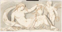 Antik uppställning med liggande kvinnofigur och putti [Målni