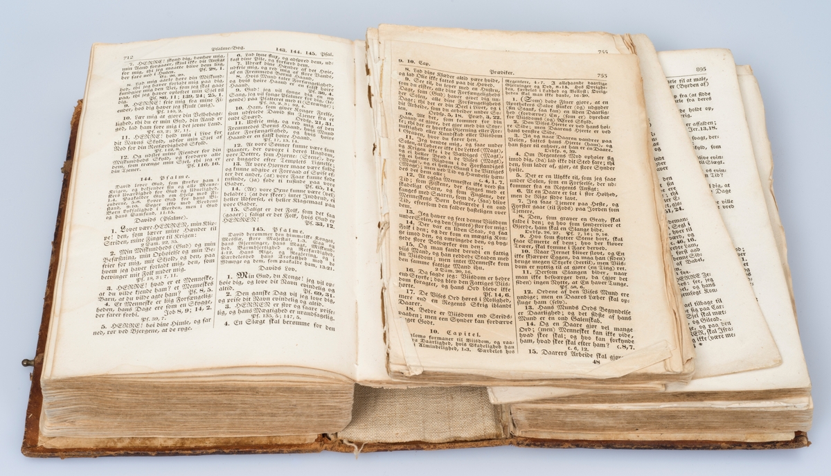 Bibelen. Christiania. 1834.

Helbind, skinn. Merker etter to spenner som mangler. Påklistrert papir med "Biblia" på ryggen. Bindet er slitt, noe revnet og bokmaterien har delvis løsnet fra innbindinga.