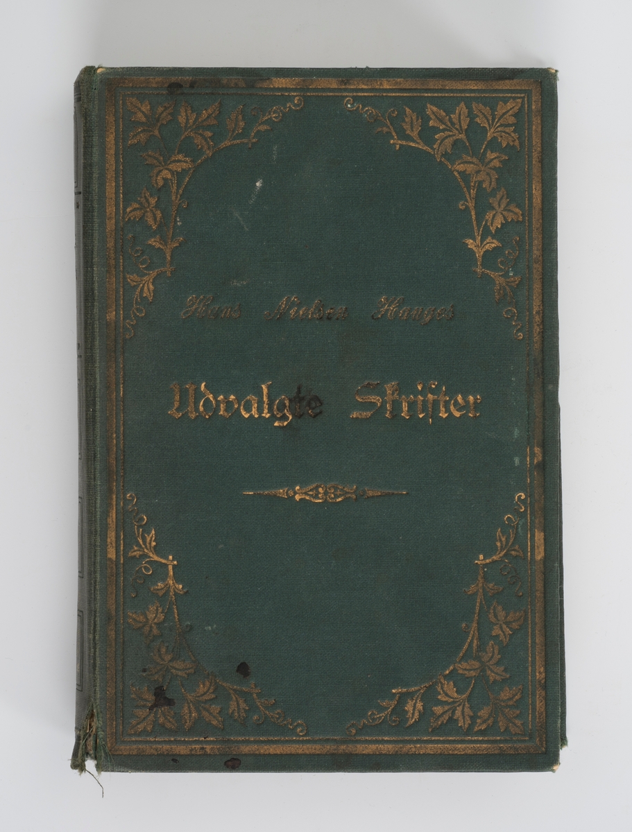 Hans Nielsen Hauges Udvalgte Skrifter. Uforandrede, saaledes, som han selv nedskrev dem. Tredie Oplag. Bergen, 1910.

Sidekantene er marmorerte.