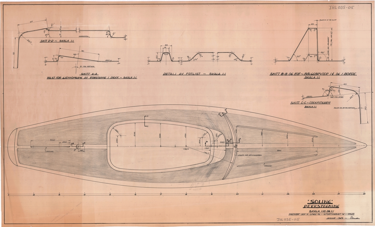 Soling. Regatta. Dekkstegning. Storseil:15,6 m2, Fokk: 8,1m2, Spinnaker: 45/35m2 (max/min). 360 kg. 1:10 & 1:1