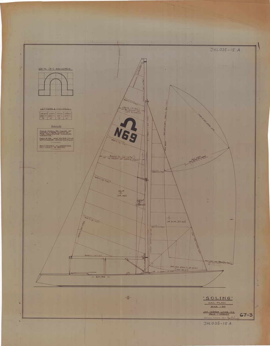 Soling. Regatta. Sail plan. Storseil:15,6 m2, Fokk: 8,1m2, Spinnaker: 45/35m2 (max/min). 2,7. 1:20