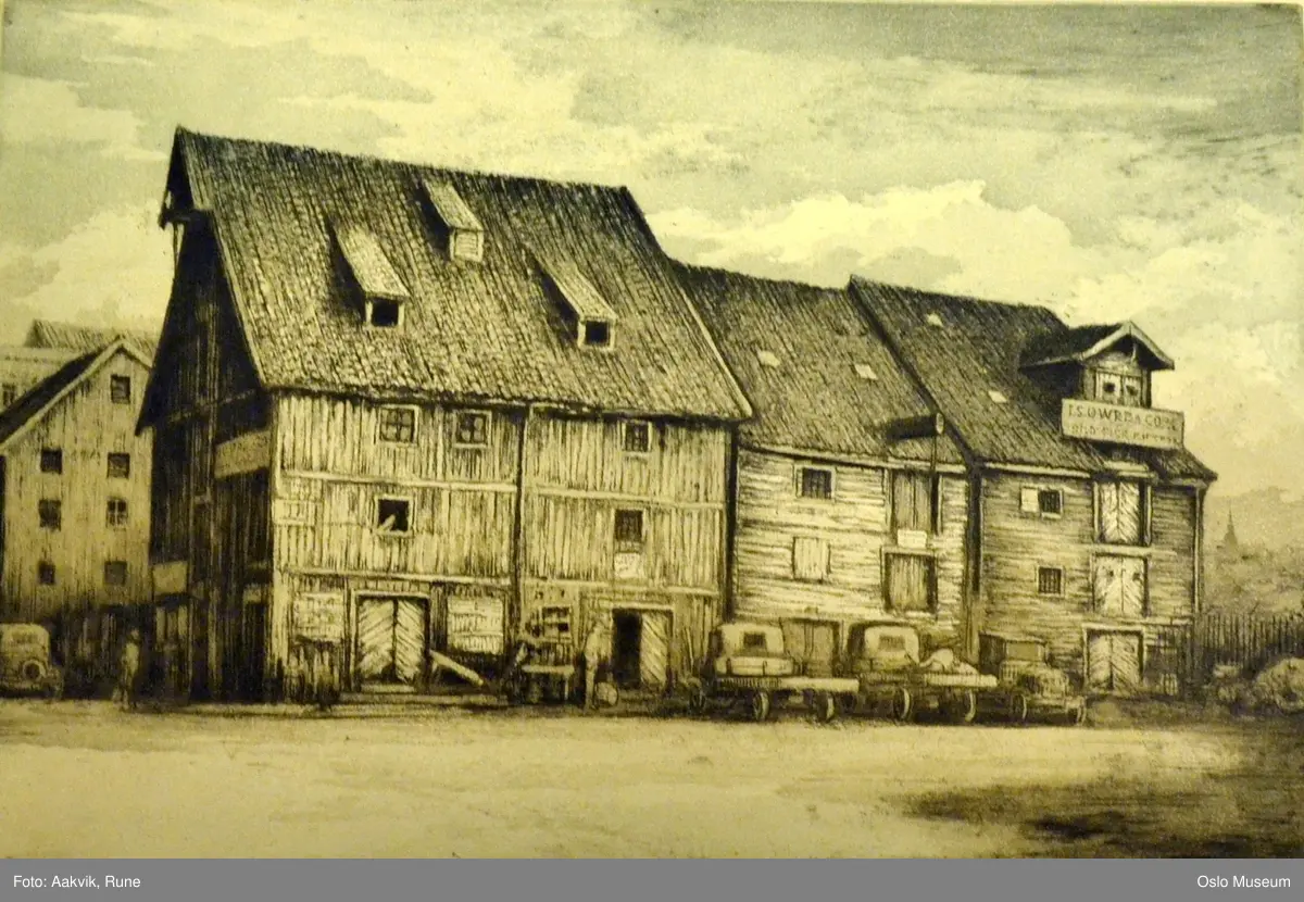 arkitektur, sjøbuer, bygninger, lastebiler, plass, takluker, arbeidere