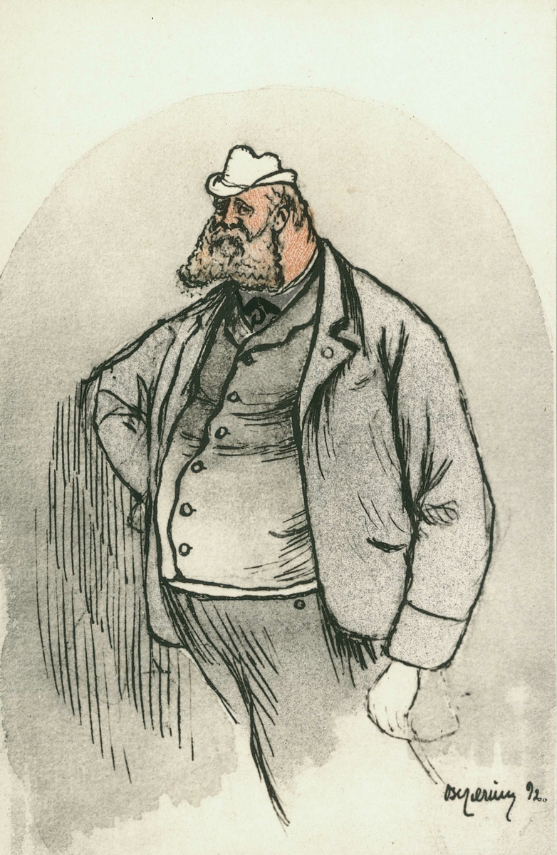 Karikatur, kusntner, mann, helfigur, ansiktshår, hodeplagg, dress