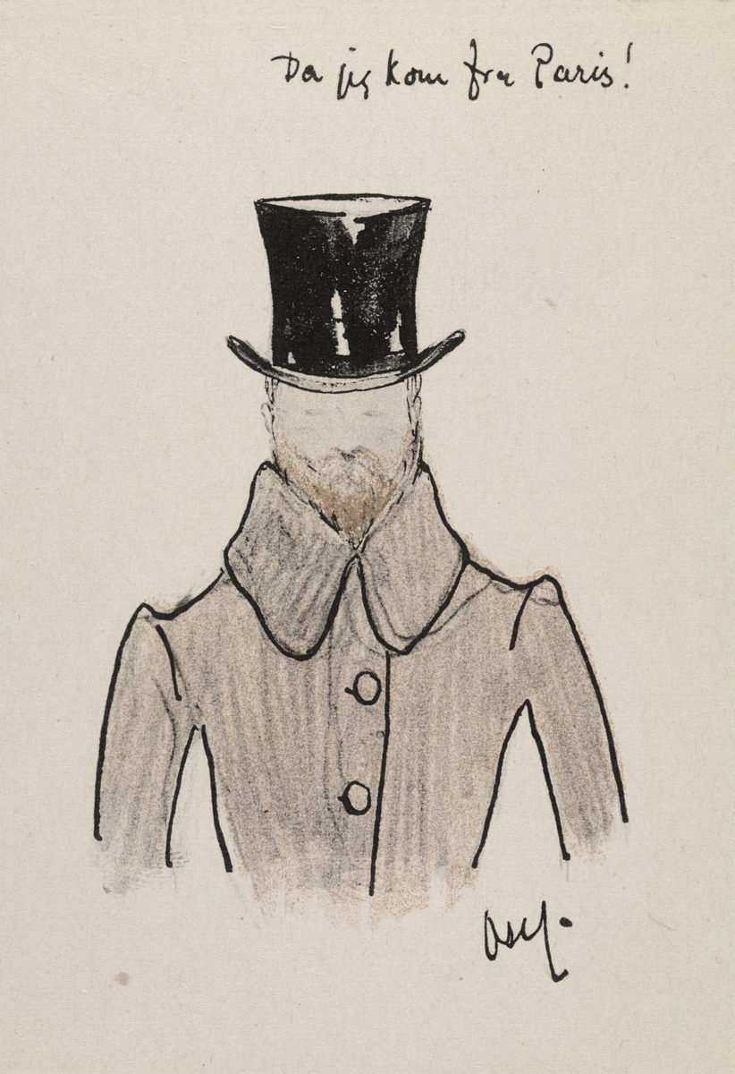 Karikatur, kusntner, billedhugger, flosshatt, ansiktshår, frakk