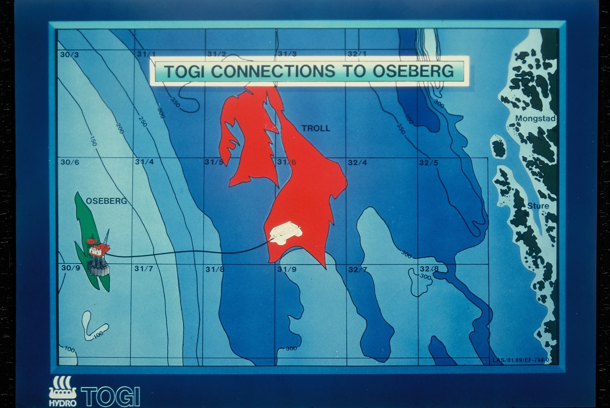 Illustrasjoner fra en presentasjon av Norsk Hydro sitt TOGI-prosjekt. Det er bilder av havbunnsinnretninger og nettverket de skal inngå i mellom Troll og Oseberg, samt kart over Troll og Oseberg-feltene.
