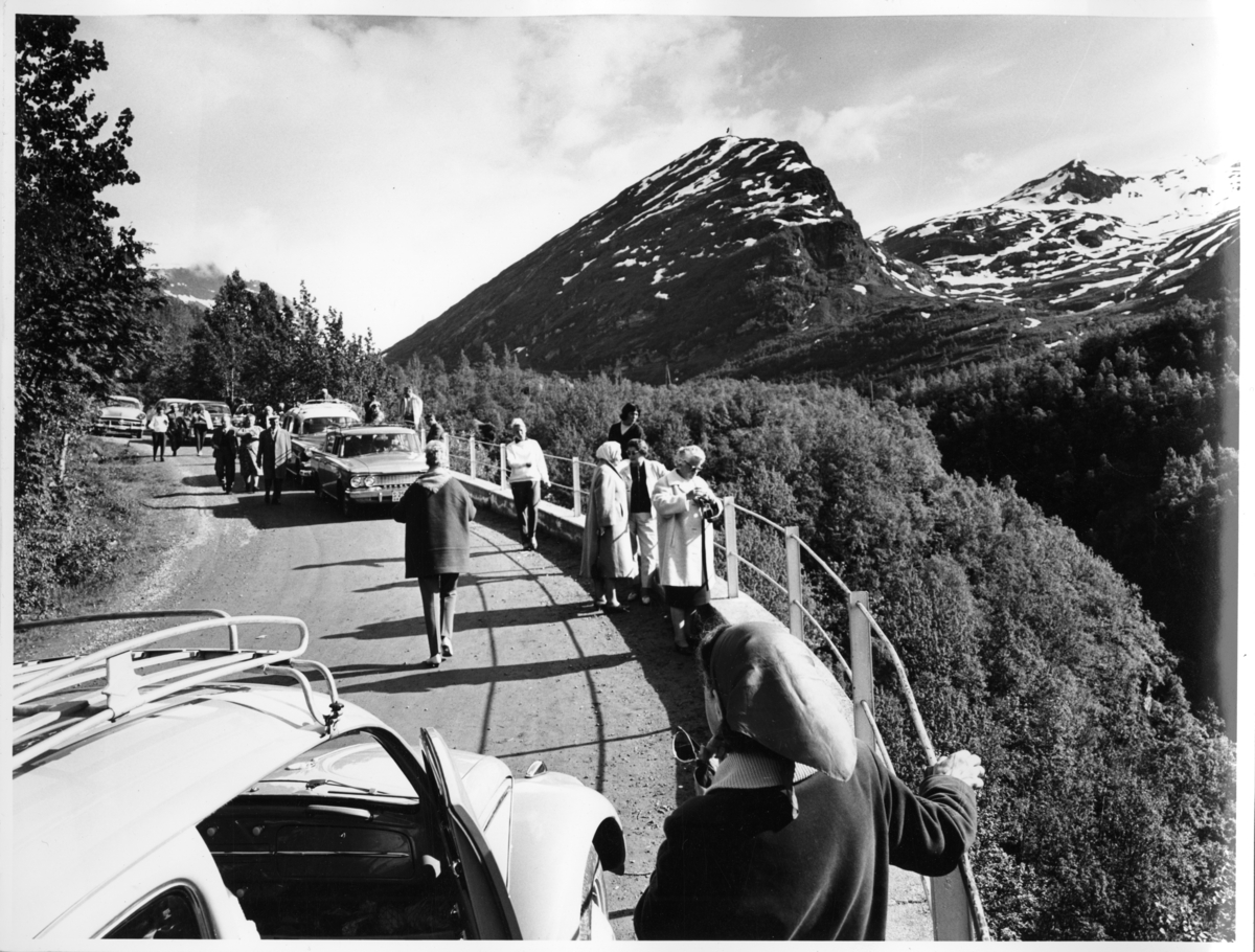 Foto av folk som ser på utsikten fra vei ved Geiranger. Det er snø på fjelltoppene. Biler står parkert langs veien.