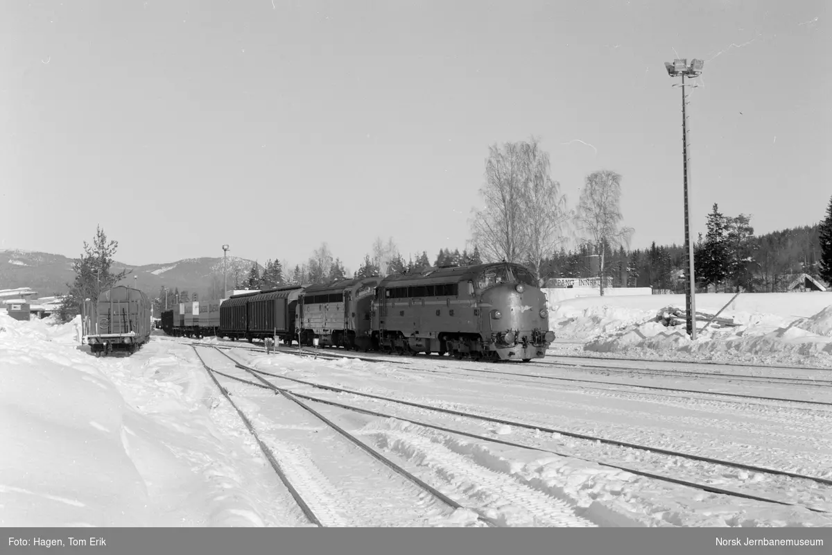 Diesellokomotiv Di 3 610 og innleid dansk diesellokomotiv My 1124 med godstog på Koppang stasjon